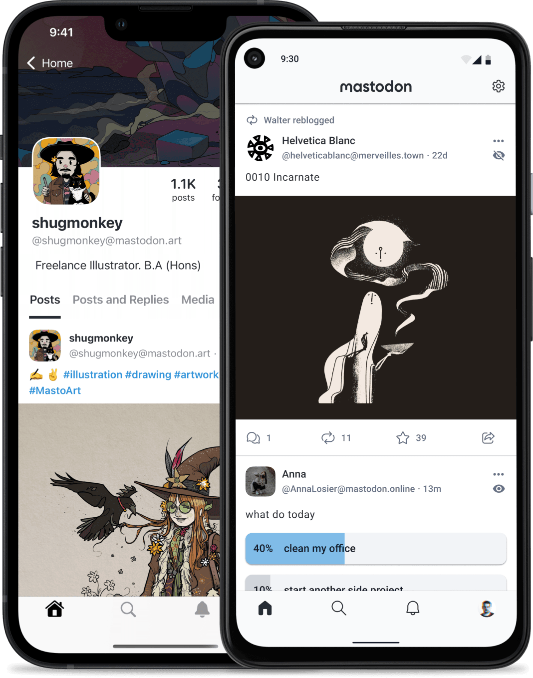 Screenshots of Mastodon on iOS and Android, showing an artist's profile, reblogging, and a poll
